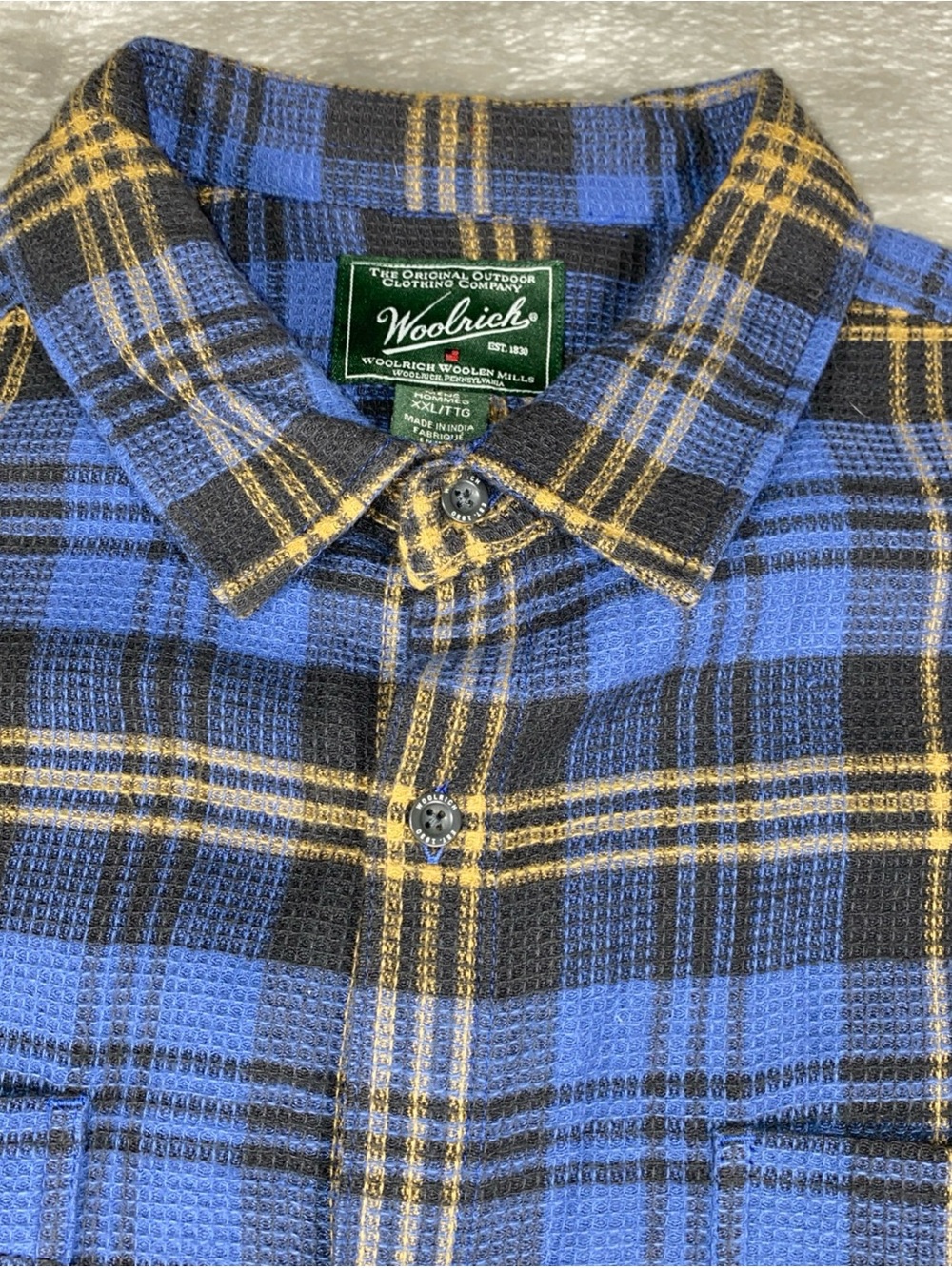 Woolrich Men’s XXL Heavyweight Waffle Thermal Flannel Blue & Yellow Plaid Shirt